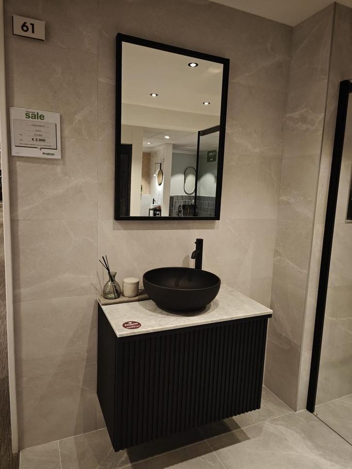 Badmeubel Ribbel zwart massief hout 80cm - 0002, Huis en Inrichting, Badkamer | Badkamermeubels, Wastafelkast, Nieuw, 50 tot 100 cm