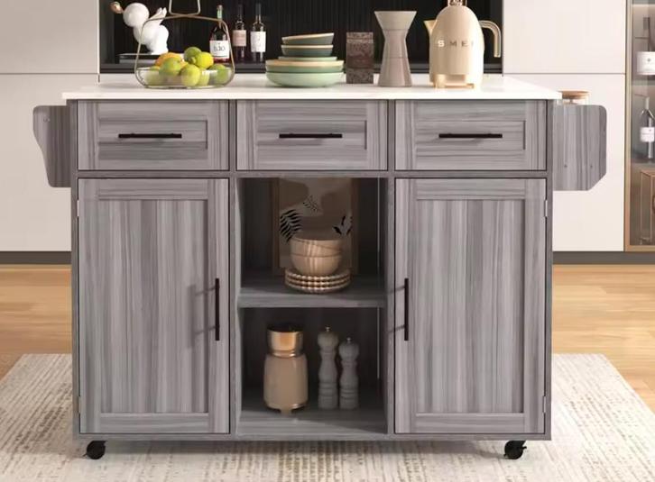 Keukeneiland Grijs met Marmerlook Blad – 139x71x91,5 cm, Huis en Inrichting, Keuken | Keukenelementen, Nieuw, Verzenden