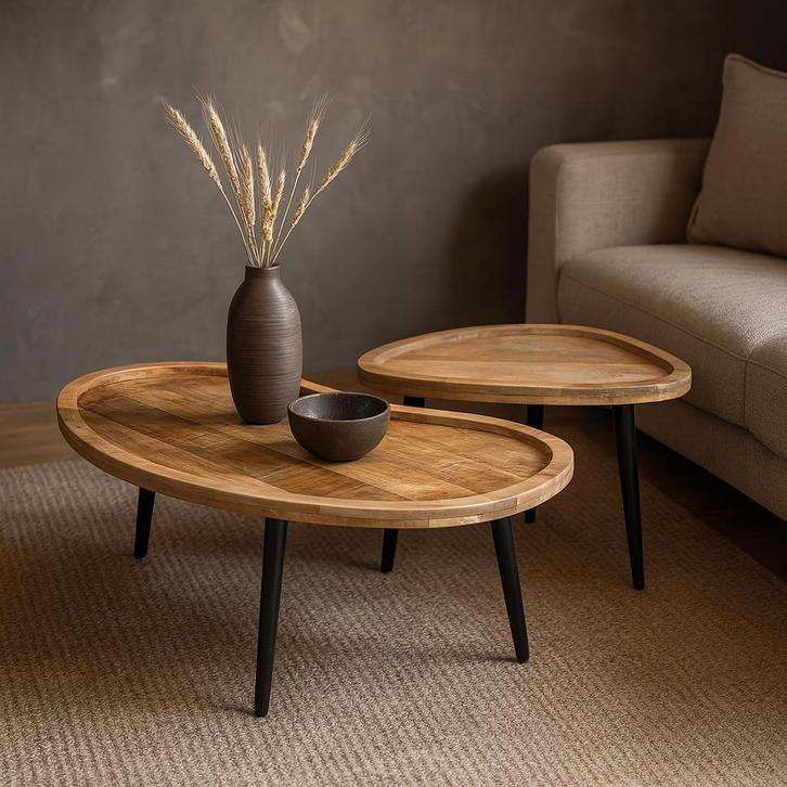 Salontafel Mangohout S Timo - Set Van 2, Huis en Inrichting, Tafels | Salontafels, Nieuw, Overige houtsoorten, Overige vormen