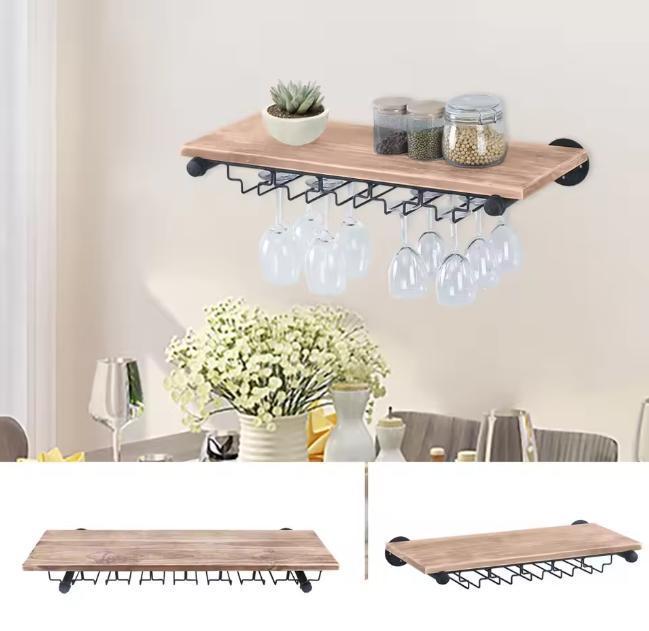 Wand Wijnrek Hout en Metaal– 61 cm Flessenrek met Glashouder, Huis en Inrichting, Woonaccessoires | Wijnrekken, Nieuw, Verzenden