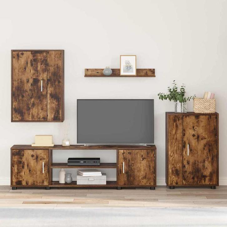 vidaXL 4 Delige TV Kast Set Wandgemonteerd Rook eiken, Huis en Inrichting, Kasten | Televisiemeubels, Nieuw, 100 tot 150 cm, Overige houtsoorten