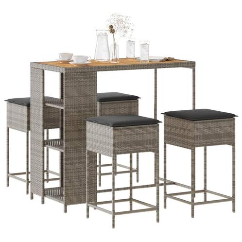 vidaXL 5-delige Tuinbarset met kussens poly rattan grijs, Tuin en Terras, Tuinsets en Loungesets, Nieuw, 4 zitplaatsen, Rotan