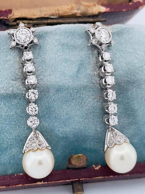 Oorbellen - 18 karaat Witgoud Diamant (Natuurlijk) - Parel, Sieraden, Tassen en Uiterlijk, Oorbellen