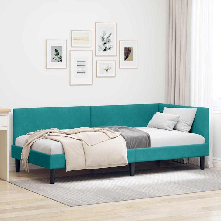 vidaXL Hoekbedframe met hoofdeinde Turquoise 90 cm x 200 cm, Huis en Inrichting, Slaapkamer | Bedden, Nieuw, Stof, Verzenden