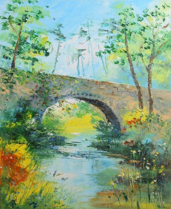 Axelle Bosler - Pont de pierre aux iris jaunes - No reserve, Antiek en Kunst, Kunst | Schilderijen | Modern