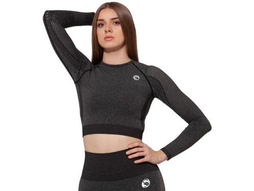 Dames sport crop top - lange mouwen  - Zwart Melange, Kleding | Dames, Sportkleding, Verzenden