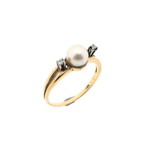 Gouden ring met parel en diamant | 0,04 ct., Sieraden, Tassen en Uiterlijk, Ringen, Dame, Met edelsteen, Overige kleuren, 18 tot 19