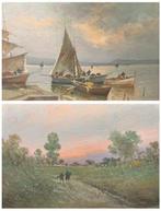 Europese school (XX) - Lotto di due dipinti: Paesaggio e