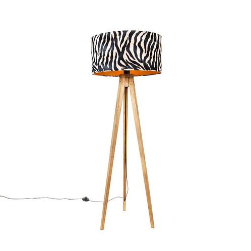 Vintage vloerlamp hout kap zebra dessin 50 cm - Tripod, Huis en Inrichting, Lampen | Vloerlampen, Nieuw, Overige materialen, 100 tot 150 cm