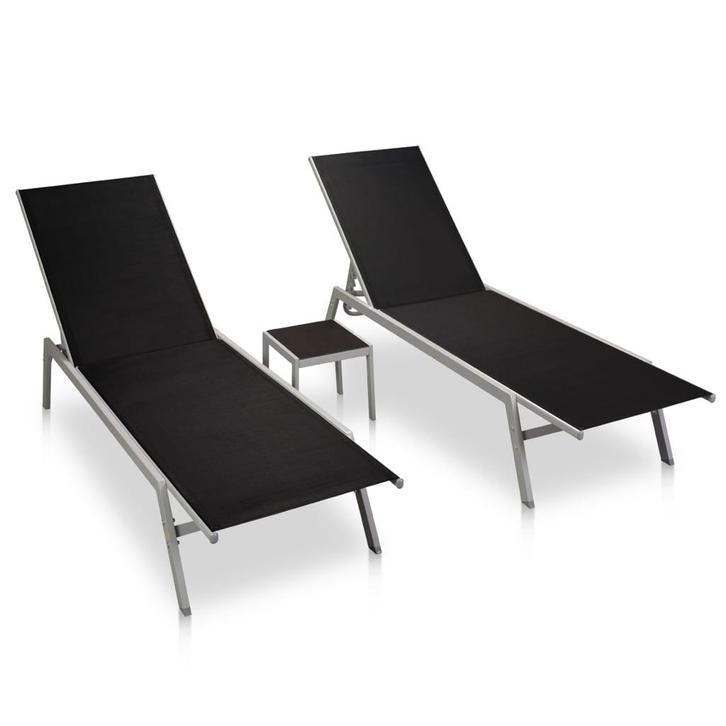 vidaXL Ligbedden 2 st met tafel staal en textileen zwart, Tuin en Terras, Ligbedden, Nieuw, Verzenden