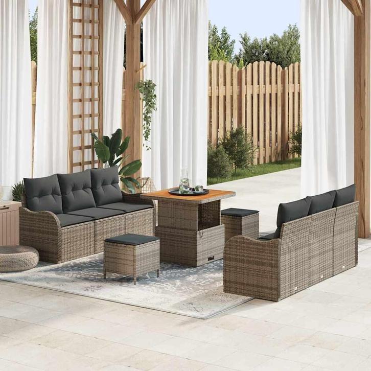 vidaXL Tuinbankenset met kussen 9 pcs Grijs poly rattan, Tuin en Terras, Tuinsets en Loungesets, Nieuw, Rotan, Verzenden