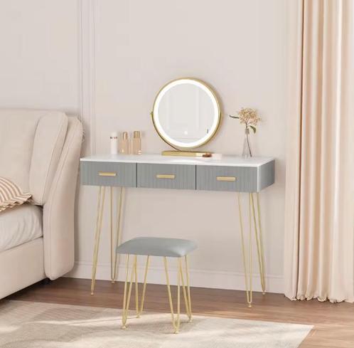 Kaptafel met LED-Spiegel en Kruk – Modern met 3 Lades, Huis en Inrichting, Tafels | Kaptafels, Nieuw, Verzenden