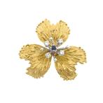 Gouden broche met saffier en diamant; 0,20 ct., Sieraden, Tassen en Uiterlijk, Broches, Gebruikt, Overige kleuren, Ophalen of Verzenden