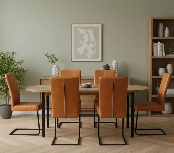 Set van 6 leren eetkamerstoel Dare - Vintage Cognac, Huis en Inrichting, Stoelen, Nieuw, Leer, Ophalen of Verzenden