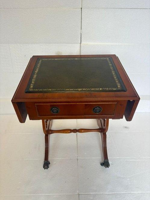 Bijzettafel - Uitklapbare Bijzettafel met Groene Lederen, Antiek en Kunst, Curiosa en Brocante