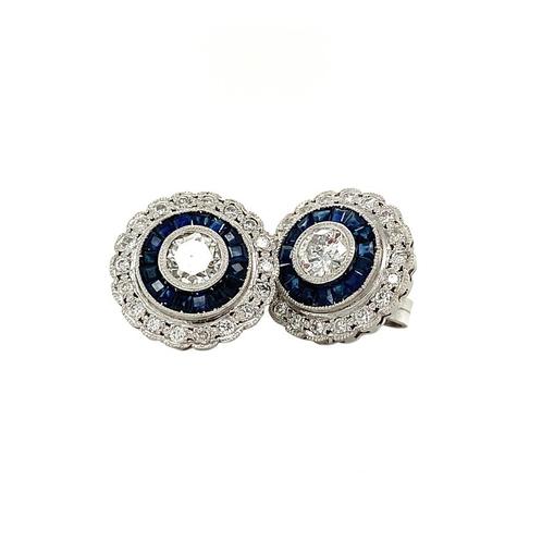 Platina dubbele entourage oorstekers met saffier en diamant, Sieraden, Tassen en Uiterlijk, Oorbellen, Nieuw, Ophalen of Verzenden