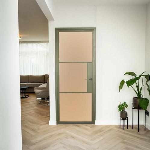 Stalen Binnendeur 3 Vlaks Olijfgroen Mat glas Met slot, Doe-het-zelf en Verbouw, Deuren en Horren, Nieuw, Metaal, Binnendeur, 200 tot 215 cm