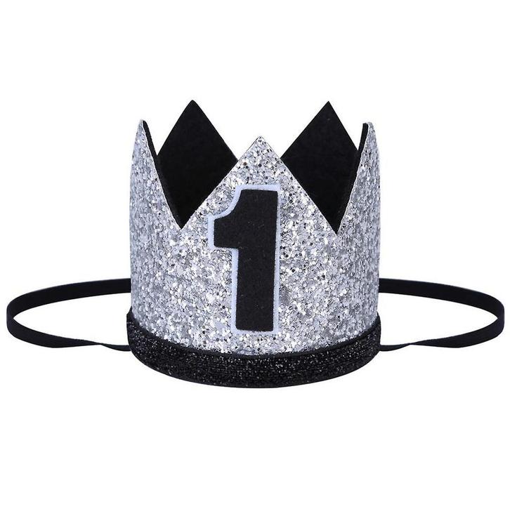 1e verjaardag cakesmash glitter hoedje zilver met zwart, Kinderen en Baby's, Babykleding | Maat 80, Jongetje of Meisje, Nieuw