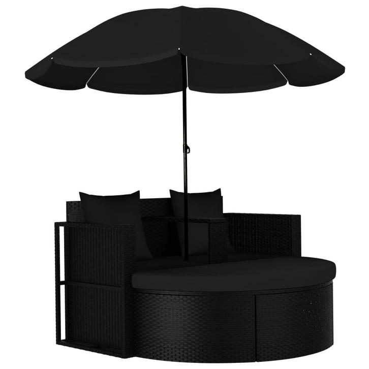 vidaXL Tuinbed met parasol poly rattan zwart, Tuin en Terras, Ligbedden, Nieuw, Verzenden