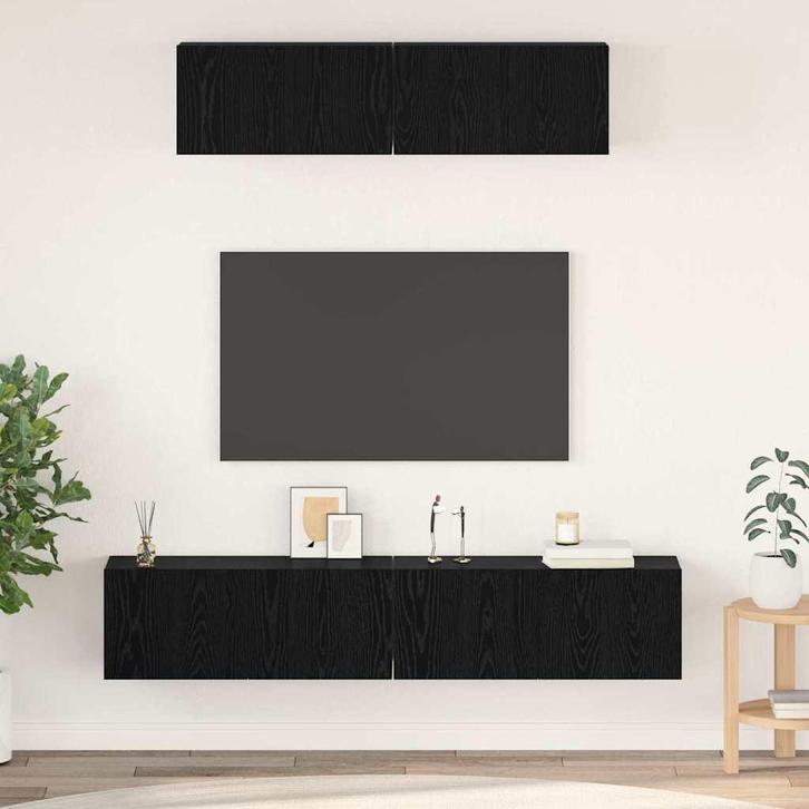 vidaXL Wand TV Kast Wandgemonteerd 4 pcs Zwart Eiken Bewerkt, Huis en Inrichting, Kasten | Televisiemeubels, Nieuw, Minder dan 50 cm