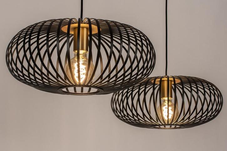 Rietveld Hanglampen - Zwart, Goud - Metaal, Huis en Inrichting, Lampen | Hanglampen, Verzenden