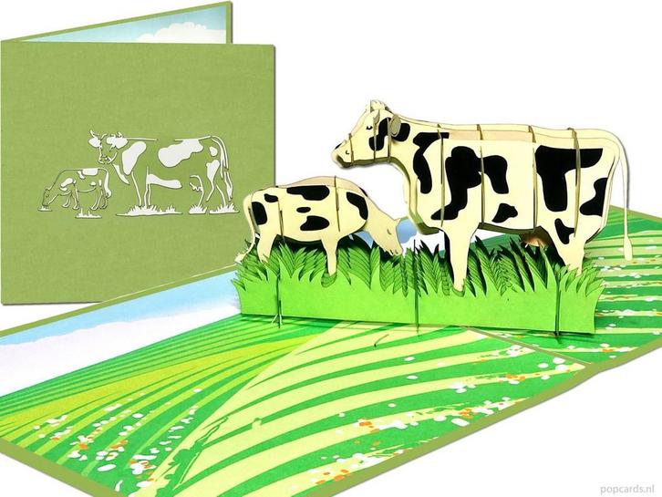 Grazende Hollandse koe met kalfje in weiland pop-up kaart, Diversen, Wenskaarten, Verzenden