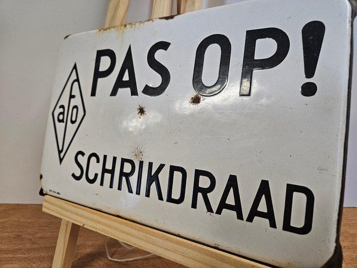 Pas Op Schrikdraad AFO - Emaillebord Pas op schrikdraad -, Antiek en Kunst, Antiek | Wandborden en Tegels