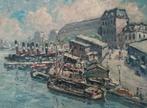 French school (XX) - A busy industrial harbor scene, Antiek en Kunst, Kunst | Schilderijen | Klassiek