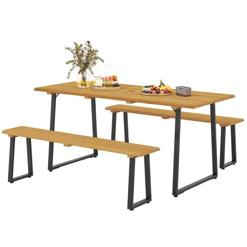 TRUUSK 3-delige Houten Eetgroep - Eettafel met 2 Banken - Pa, Tuin en Terras, Overige Tuin en Terras, Nieuw, Verzenden