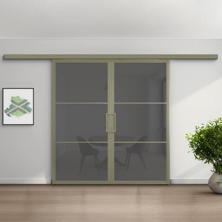 Dubbele stalen schuifdeur met koofsysteem 3 Vlaks Olijfgroen, Doe-het-zelf en Verbouw, Kozijnen en Schuifpuien, Nieuw, 75 tot 150 cm