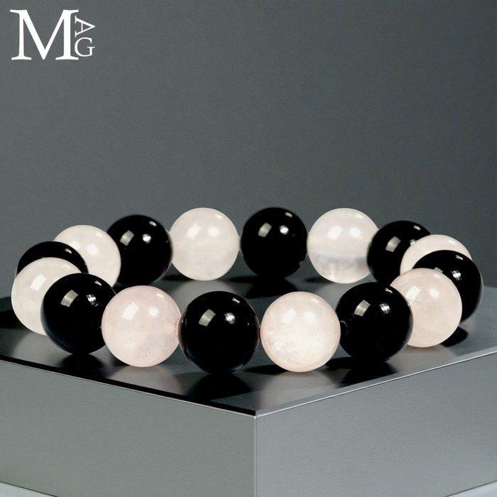 Rozenkwarts en zwarte onyx armband – 12,5 mm kralen -, Verzamelen, Mineralen en Fossielen