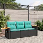 vidaXL 3-delige Loungeset met kussens poly rattan zwart, Verzenden, Nieuw, Rotan, Loungeset