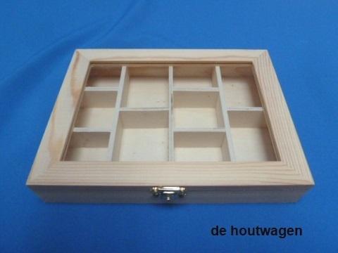 houten kistje met 10 vakken en glazen deksel-kist met deksel, Huis en Inrichting, Woonaccessoires | Kisten, Minder dan 50 cm, Nieuw
