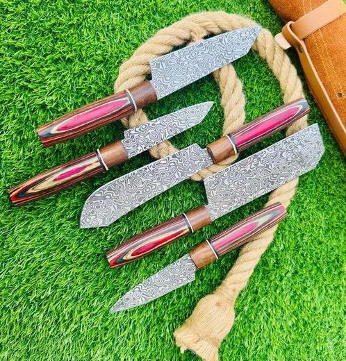Gold Deer - 5 Piece professional knives set - Hammered Steel, Antiek en Kunst, Antiek | Keukenbenodigdheden