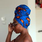 Afrikaanse hoofddoek / Vlisco headwrap - Blauw / Oranje elec, Kleding | Dames, Ophalen of Verzenden, Nieuw