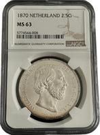 Koning Willem III 2 1/2 Gulden 1870 MS63 NGC gecertificeerd, Zilver, Losse munt, Verzenden