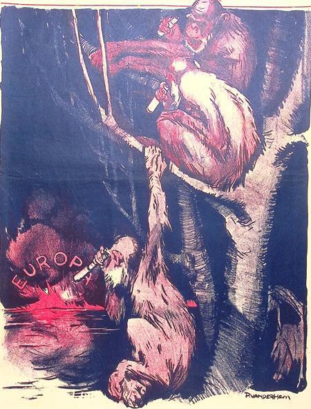 Oorlog in Europa vanuit perspectief van apen op spotprent, Antiek en Kunst, Kunst | Litho's en Zeefdrukken, Verzenden