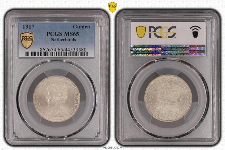 Koningin Wilhelmina 1 gulden 1917 - MS65 PCGS gecertificeerd, Postzegels en Munten, Munten | Nederland, Losse munt, 1 gulden, Koningin Wilhelmina