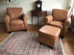 leren fauteuils met houten poten - met hocker - bruin leer, Nieuw, 75 tot 100 cm, Leer, Ophalen of Verzenden