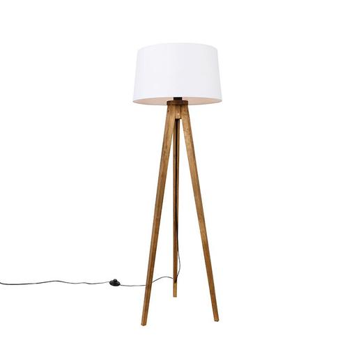 Landelijke tripod vintage hout met linnen kap wit 45 cm -, Huis en Inrichting, Lampen | Vloerlampen, Nieuw, Overige materialen