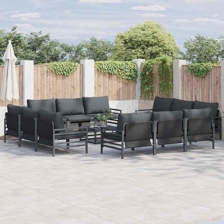 vidaXL Tuinbankenset met kussen 13 pcs Zwart Staal, Tuin en Terras, Tuinsets en Loungesets, Nieuw, Rvs, Verzenden