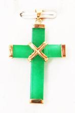 Zonder Minimumprijs - Kruishanger - 14 karaat Geel goud Jade, Sieraden, Tassen en Uiterlijk, Antieke sieraden