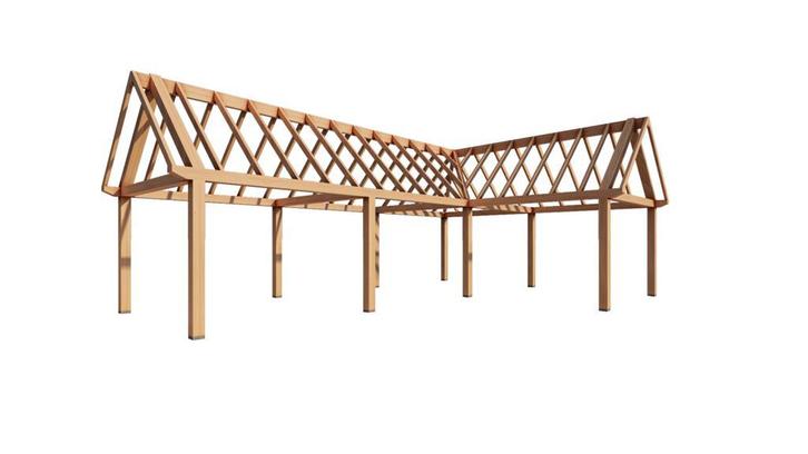 Robuuste Douglas L-Schuur constructie, Tuin en Terras, Tuinhuizen, 200 tot 400 cm, Zonder ramen, 500 cm of meer, Met overkapping