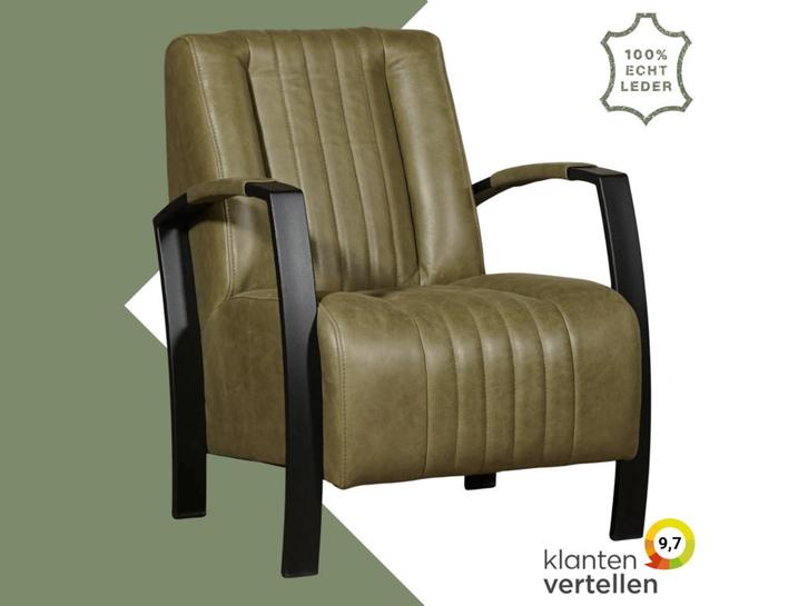 Leren fauteuil Glamour - Vintage Olive (olijf/groen), Huis en Inrichting, Fauteuils, 50 tot 75 cm, 75 tot 100 cm, Nieuw, Leer