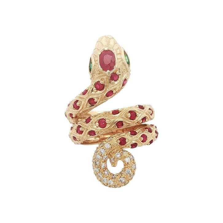 Gouden ring met smaragd, robijn en diamant 14 kt, Sieraden, Tassen en Uiterlijk, Ringen, Nieuw, Ophalen of Verzenden