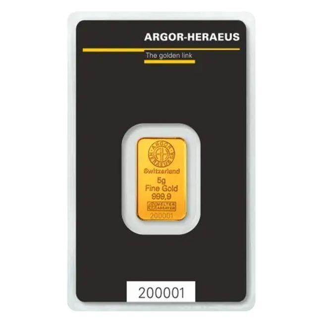 5 gram - Goud - 5 Gram 9999 Gold Bar Argor-Heraeus Kinebar, Postzegels en Munten, Edelmetalen en Baren