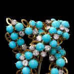 Broche 18kt Gouden Turquoise en Diamanten Broche, Sieraden, Tassen en Uiterlijk, Antieke sieraden