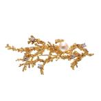 18 krt. Gouden koraal broche met parel en diamanten 0,35 ct., Goud, Goud, Gebruikt, Verzenden