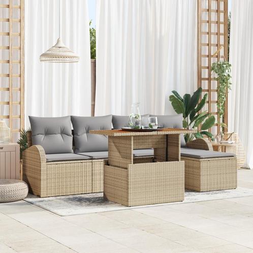 vidaXL 6-delige Tuin Eettafelset met Kussens in Beige Poly, Tuin en Terras, Tuinsets en Loungesets, Nieuw, Rotan, Verzenden
