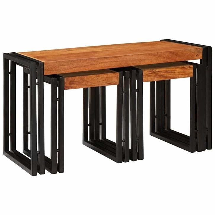 vidaXL Nesttafel 3 pcs Bruin en zwart Massief acaciahout en, Huis en Inrichting, Tafels | Bijzettafels, Nieuw, Minder dan 45 cm